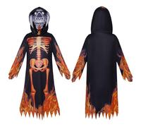 Unisex Adult Halloween Death Devil Costume Flame Skull Black Robe with Scary Ghost Mask Skeleton Gloves for Men Women Horror Party Carnival Fancy Dress