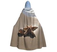 Unisex Adult Halloween Hooded Cloak - Starfish Seashell Sandy Beach Full Print Costume Cape for Parties, Carnivals, Comic Exhibitions