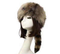 Unisex Adult Plush Flat Top Hat Cute Style Mongolian Hat with Raccoon Tail Woman Teens Casual Winter Keep Warm Hat