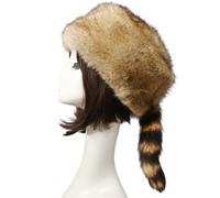 Unisex Adult Plush Flat Top Hat Cute Style Mongolian Hat with Raccoon Tail Woman Teens Casual Winter Keep Warm Hat