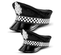 Unisex Adult Police Officer Hat Policewomen Fancy Dress Costume - British Policeman COP Black Cap with Checked Band Party Outfit Accessory (Pack of 2)