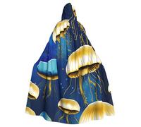 Unisex Adults Blue And Gold Jellyfish Print Long Hooded Cloak Cosplay Costumes For Parties And Theme Events