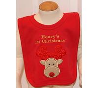 Unisex Baby’s Personalised Applique Reindeer 1st Christmas Bib (Red)