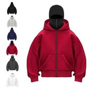 Unisex Balaclava Ninja Zipper Hoodie, Double Hooded with Mask, Fashion Double Ski Mask Hoodie, Y2k Jacket (Red,S)