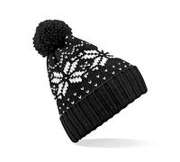 Unisex Beechfield Fair Isle Knit Snowstar Beanie Bobble Hat Black/White One Size