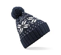 Unisex Beechfield Fair Isle Knit Snowstar Beanie Bobble Hat French Navy/White One Size