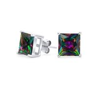 Unisex Black Mystic Rainbow Color-Changing Cubic Zirconia Solitaire AAA CZ Stud Earrings For Women .925 Sterling Silver - Square Princess Cut 6MM