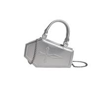 Unisex Black PU Mini Handbag with Curved Top Handle and Chain Strap | This compact angular handbag combines glossy panels with a curved top handle and slim chain strap for a distinctive small-b