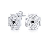 Unisex Black Stone Ancient Religious Masonic Knight Templar Fleur De Lis Maltese Cross Stud Earrings For Women Teens .925 Sterling Silver
