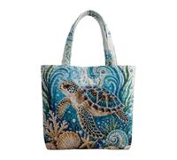Unisex Blue Polyester Tote Bag with Decorative Peacock Feather Print | Tall rectangular shape, paired handles and vivid blue paisley feather artwork cover the front panel.