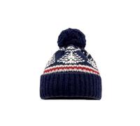 Unisex bobble hat with Norwegian pattern, warm knitted hat for men and women, classic winter hat with envelope, Style_g03 Navy, One Size