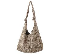 Unisex Canvas Leopard Print Hobo Shoulder Bag with Long Shoulder Strap | A soft tapered silhouette and narrow shoulder strap frame an all-over beige and brown animal pattern across the bag's
