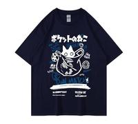 Unisex Cartoon T-Shirts Harajuku Kawaii Cat Letter Printed Short Sleeve Tees Couple Loose Clothes Y2K Tops, Black, L