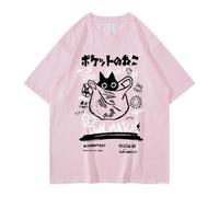 Unisex Cartoon T-Shirts Harajuku Kawaii Cat Letter Printed Short Sleeve Tees Couple Loose Clothes Y2K Tops, Pink, S
