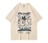 Unisex Cartoon T-Shirts Harajuku Kawaii Cat Letter Printed Short Sleeve Tees Couple Loose Clothes Y2K Tops, Khaki, XL