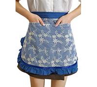 Unisex Chef Aprons White Retro Cotton Maid Short 2 Pockets Waist Waiter Waitress Half Apron, Blue-embroidered, One size
