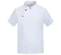 Unisex Chef Jacket Short Sleeve Kitchen Workwear, Stand Collar Catering Uniform with Sleeve Pocket, Lightweight Breathable Bakery Restaurant Shirt for Men and Women White