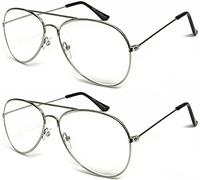 Unisex Classic Pilot Style Double Bridge Metal Reading Glasses Small Shape Design R293 Specs (2 Pairs Silver, 100 Magnification)