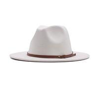 Unisex Classic Wide Brim Floppy Panama Hat with Adjustable Belt Buckle Wool Fedora Hat Church Jazz Cap White