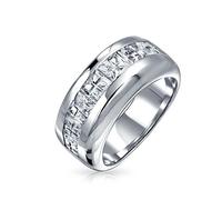 Unisex Clear Channel Set Cubic Zirconia AAA CZ Princess Invisible Cut Wedding Band For Men Women .925 Sterling Silver 9MM Band Ring
