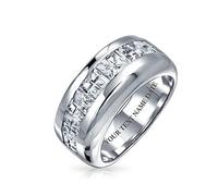 Unisex Clear Channel Set Cubic Zirconia AAA CZ Princess Invisible Cut Wedding Band For Men Women .925 Sterling Silver 9MM Band Ring Custom Engraved