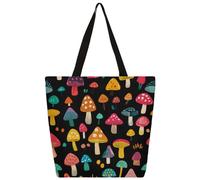 Unisex Colorful Mushroom Print Reusable Foldable Casual Stylish Grocery Shopping Shoulder Bags Tote Bag For Beach Travel Work School