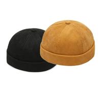 Unisex Corduroy Docker Hat Rolled Cuff Brimless Beanie Sailor Cap with Metal Buckle Adjustable, Black + Yellow, One size