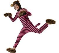Unisex Costume Cheshire Cat Overall Stripes Tail Hood Ears Carnival Party