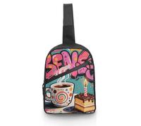 Unisex Crossbody Bag Lightweight Foldable Chest Bag Doodle Style Coffee Cake Sling Bag for Travel, Hiking