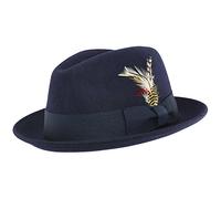 Unisex Crushable Hand Made C-Crown Felt Fedora Trilby Hat with Removable Feather 100% Wool (Small(55), Navy)