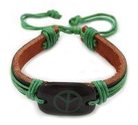 Unisex Dark Brown/ Green Leather 'Peace' Friendship Bracelet - Adjustable
