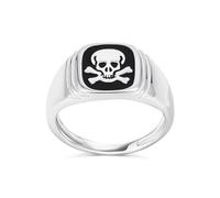 Unisex Elegant Statement Classic Flat Black Onyx Gemstones Signet Skull Crossbones Ring for Women Men .925 Sterling Silver