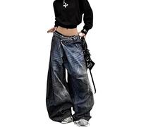 Unisex Fashion High Waist Straight Baggy Jeans for Women Vintage Gothic Leg Drawstring Y2K Scrawl Denim Pants, Blue, S