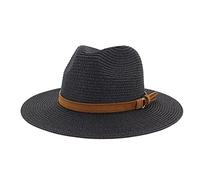 Unisex Fedora Hats Belt Buckle Wide Brim Solid Color Sun Protection Summer Crochet Panama Hat Travel Hiking Beach Hats for Men Women Black