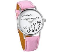 Unisex Female Women Ladies Girls"Whatever, I'm Late Anyway" Love Gift Leather Strap Watches Quartz Wrist Watch (Pink)