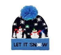 Unisex Flashing LED Christmas Beanie Hat Pom Pom Xmas Novelty Fancy Dress Gift - Let it Sn*w Blue/Navy