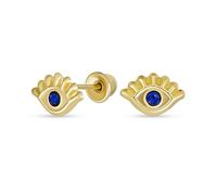 Unisex Genuine Tiny Yellow Gold Spiritual Blue CZ Eyelash Protection Amulet Evil Eye Stud Earrings Ear Lobe Cartilage For Women Teen