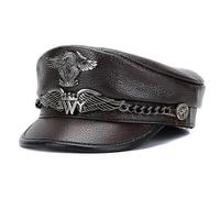 Unisex German Military Cap Man Genuine Leather Flat Top Hat Korean Fashion Eagle Mark Chain Punk Locomotive Casquette Male 50 Dark brown XL57-58cm