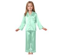 Unisex Girls Boys Silky Pyjamas 2pcs Pjs Sets Button Down Kids Satin Long Sleeve Shirt Top + Long Pants Pajama Set Solid Color Children Soft Silk Sleepwear Girls Clothing Set Nightwear Outfit Green