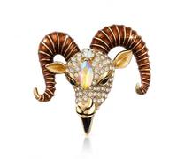 Unisex Goat Head Brooch, Vintage Horn, Clear Crystal & Aurora Rhinestone Gold Tone Lapel Pin