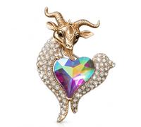 Unisex Goat Heart Brooch, Antique Full White Rhinestone & Big Aurora Heart Crystal Lapel Pin