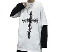 Unisex Goth Shirt Goth Shirt Fake Two Piece Alternative Clothing Retro Baggy Goth Long-Sleeved Top Garbage Goth T-Shirts, White, XXL