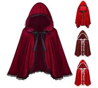 Unisex Gothic Lace Cape - Medieval Hooded Short Cloak Mens Womens Steampunk Velvet Cape,Victorian Lace Up Poncho Renaissance Ruffled Cloaks Halloween Cosplay Costume Christmas Red Robe