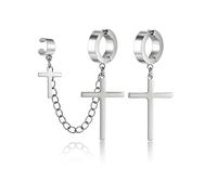 Unisex Gothic Silver Stainless Steel Non Pierced Asymmetrical Cross Dangle Clip on Hoop Earrings Cartilage Chain Ear Cuff Non-Piercing Jewelry Gift for Teens