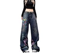Unisex Graffiti Baggy Jeans Grunge Hiphop Streetwear Harajuku Y2k High Waist Denim Wide Trousers Aesthetic Pants Vintage, Denim, Large