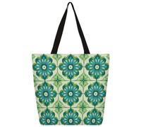 Unisex Green Flower Tile Printing Reusable Foldable Casual Stylish Grocery Shopping Shoulder Bags Tote Bag For Beach Travel Work School