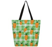 Unisex Green Grid Cartoon Carrots Reusable Foldable Casual Stylish Grocery Shopping Shoulder Bags Tote Bag For Beach Travel Work School