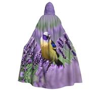 Unisex Halloween Hooded Cloak - Bird in Purple Lavender Floral Flowers Full Print Adult Costume Cape for Cosplay, Party, and Themed Events