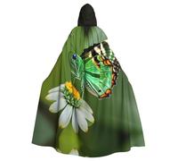 Unisex Halloween Hooded Cloak - Green leaf colorful butterfly Full Print Adult Costume Cape for Cosplay, Party, and Themed Events