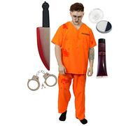 Unisex Halloween Zombie Convict Prisoner Fancy Dress Costume Orange Set | escaped convict look, orange jumpsuit style top and trousers, includes handcuffs, knife prop, face paint kit, pull-on fit